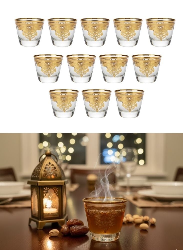 بريميم طقم أكواب شاي زجاجية مزخرفة بالذهب مكوّن من اثني عشر كوباً تقليدياً - Image 1